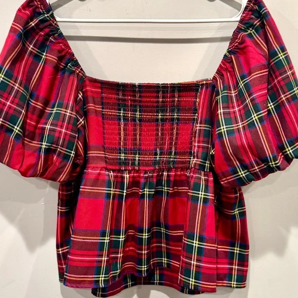 Francesca’s Collections Nicole Plaid Puff Sleeve Pleated Holiday Blouse NWT - Picture 7 of 15